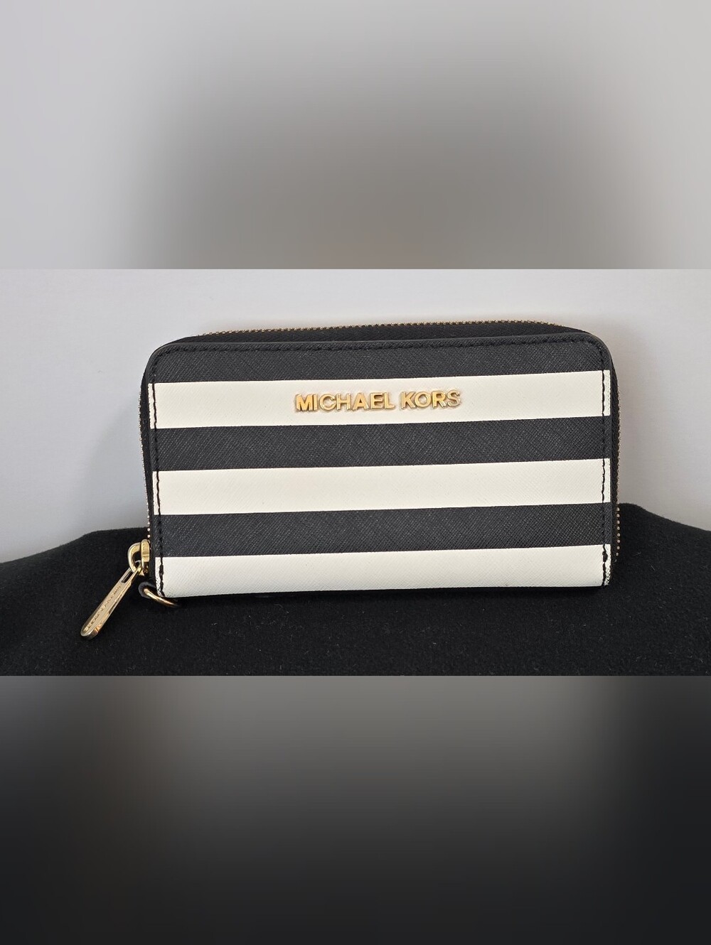 MICHAEL KORS Black and White Striped Zip Around Wallet
